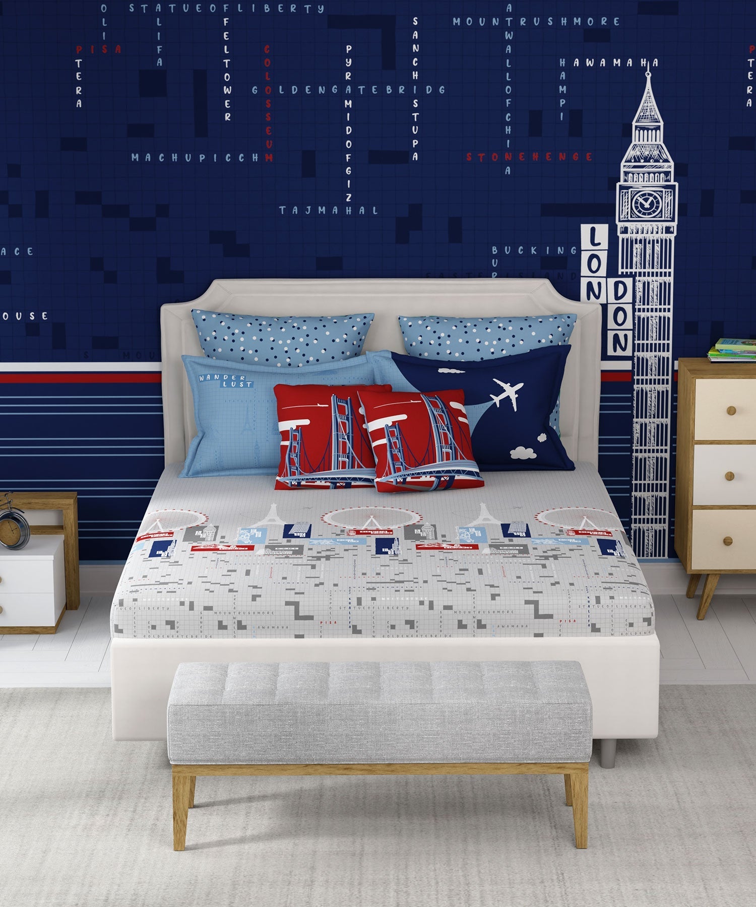Juniors Double Bedsheet, Crossword| 144TC Cotton|2 Pillow Covers & 2 Cushion Covers