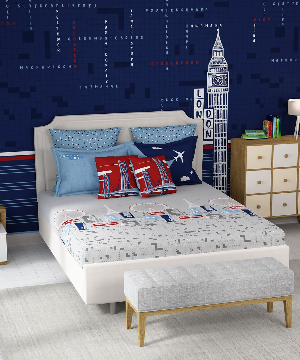 Juniors Double Bedsheet, Crossword| 144TC Cotton|2 Pillow Covers & 2 Cushion Covers