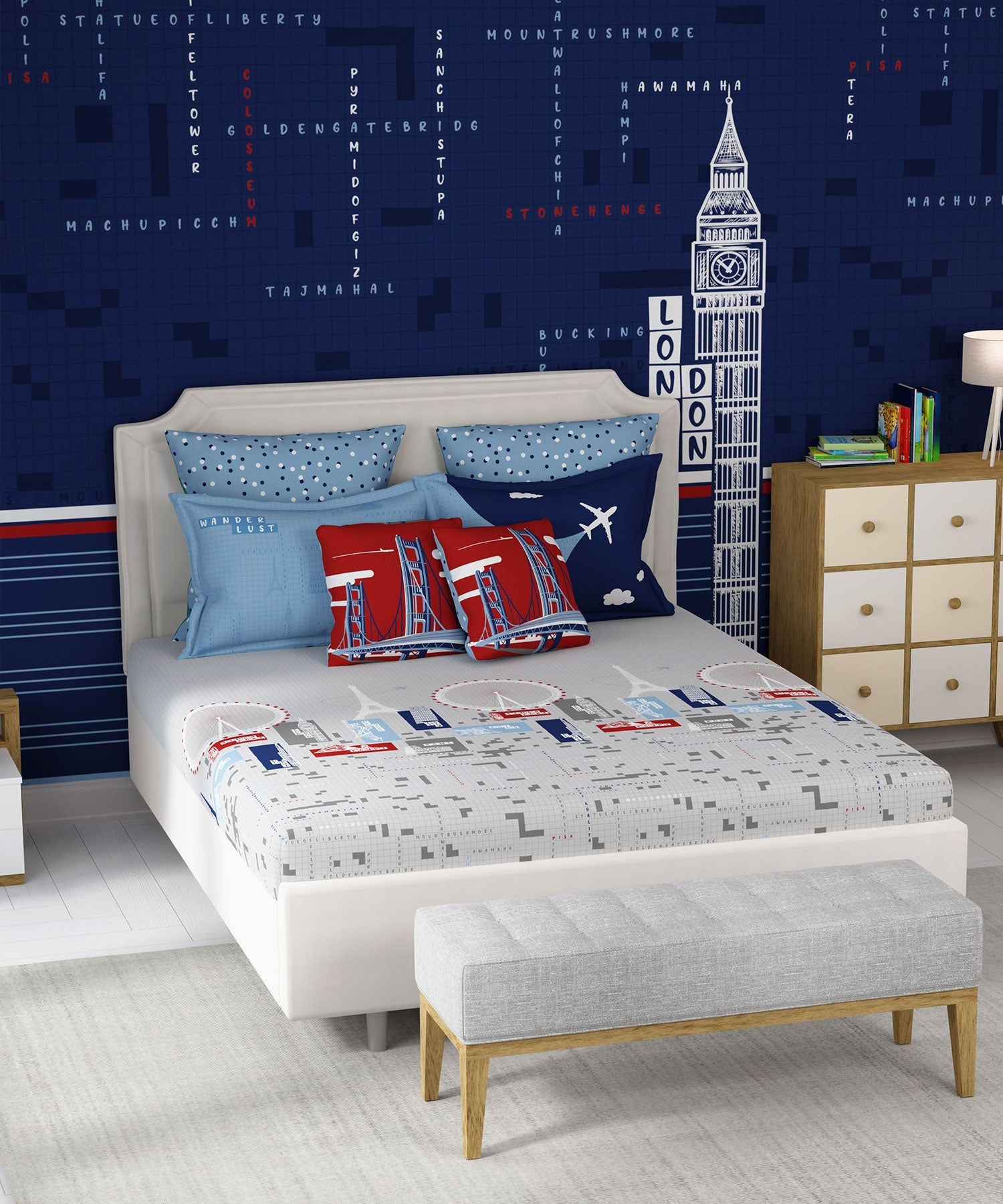Juniors Double Bedsheet, Crossword| 144TC Cotton|2 Pillow Covers & 2 Cushion Covers