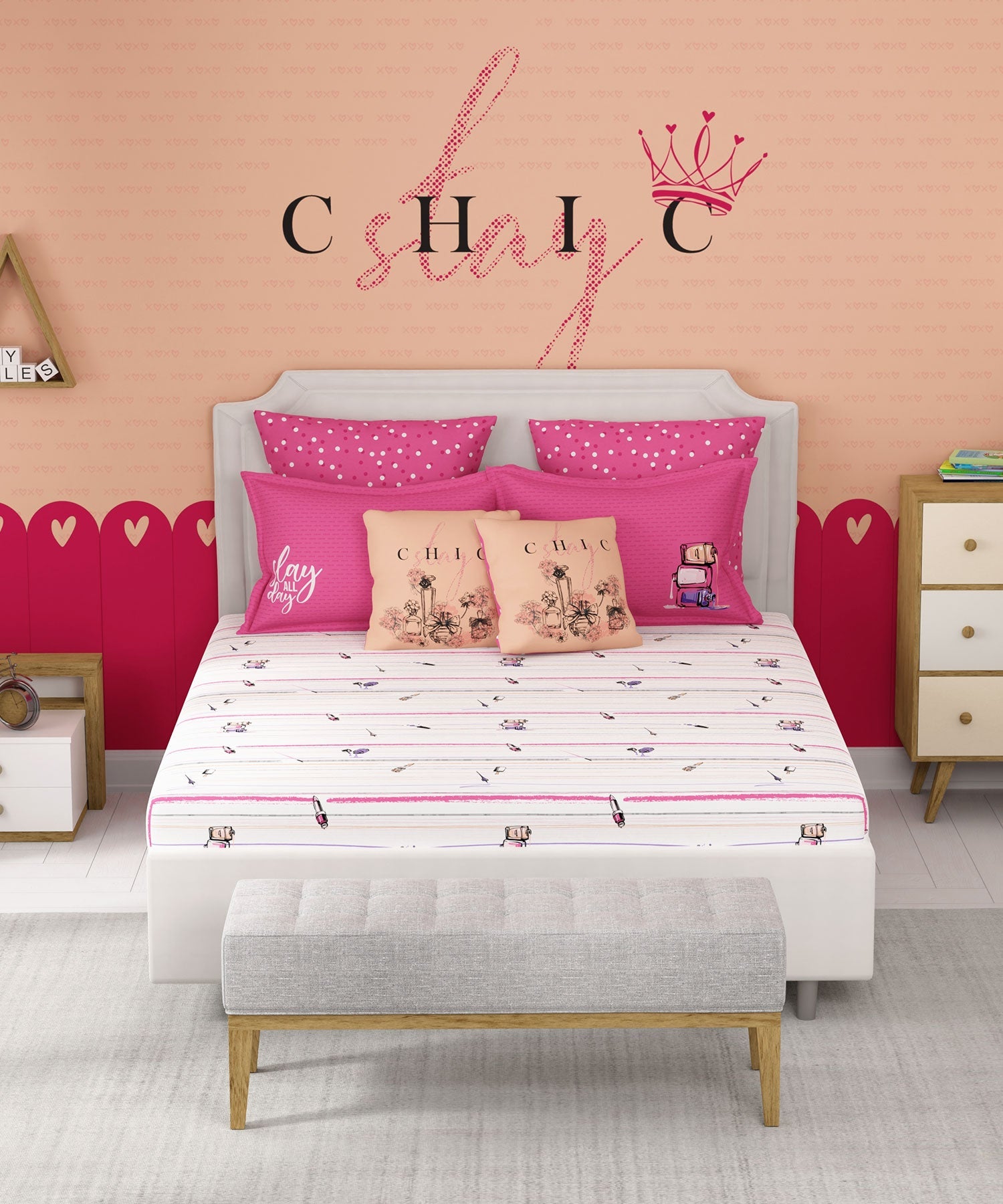 Juniors Double Bedsheet, Slumber Party| 144TC Cotton|2 Pillow Covers & 2 Cushion Covers