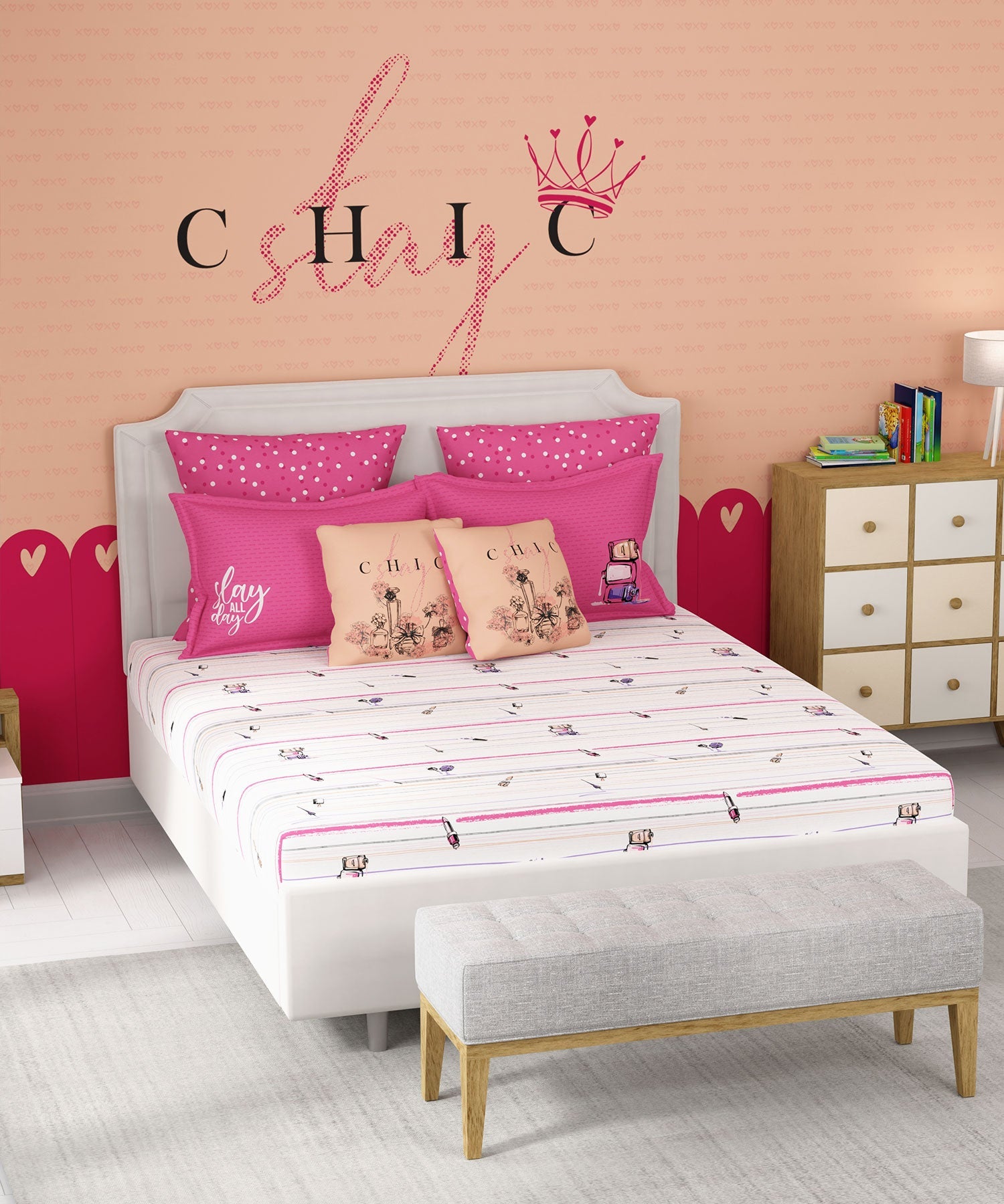 Juniors Double Bedsheet, Slumber Party| 144TC Cotton|2 Pillow Covers & 2 Cushion Covers