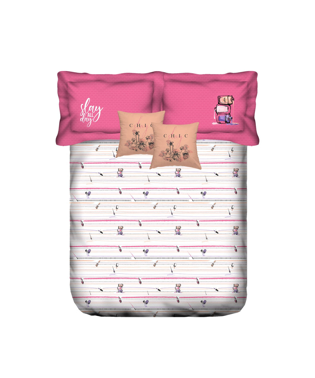 Juniors Double Bedsheet, Slumber Party| 144TC Cotton|2 Pillow Covers & 2 Cushion Covers