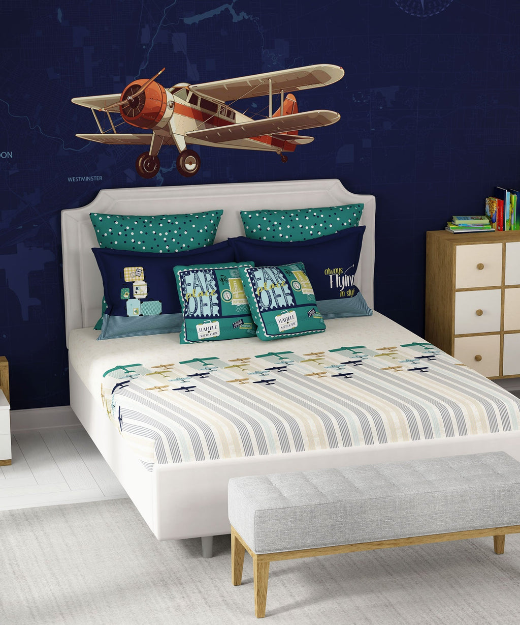 Juniors Double Bedsheet, Passport| 144TC Cotton|2 Pillow Covers & 2 Cushion Covers