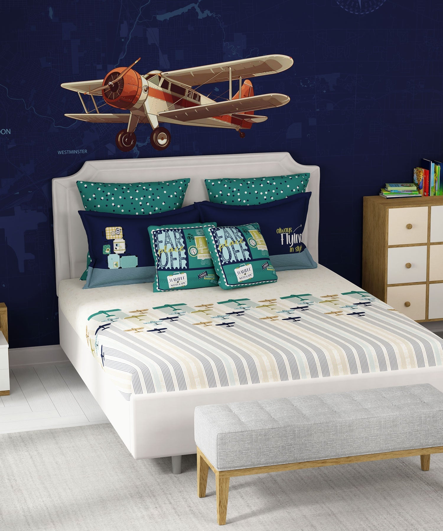 Juniors Double Bedsheet, Passport| 144TC Cotton|2 Pillow Covers & 2 Cushion Covers