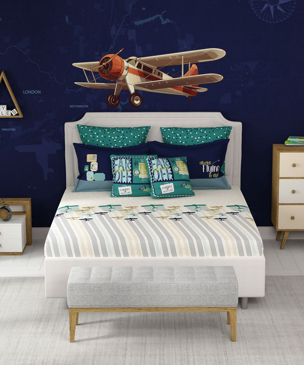 Juniors Double Bedsheet, Passport| 144TC Cotton|2 Pillow Covers & 2 Cushion Covers