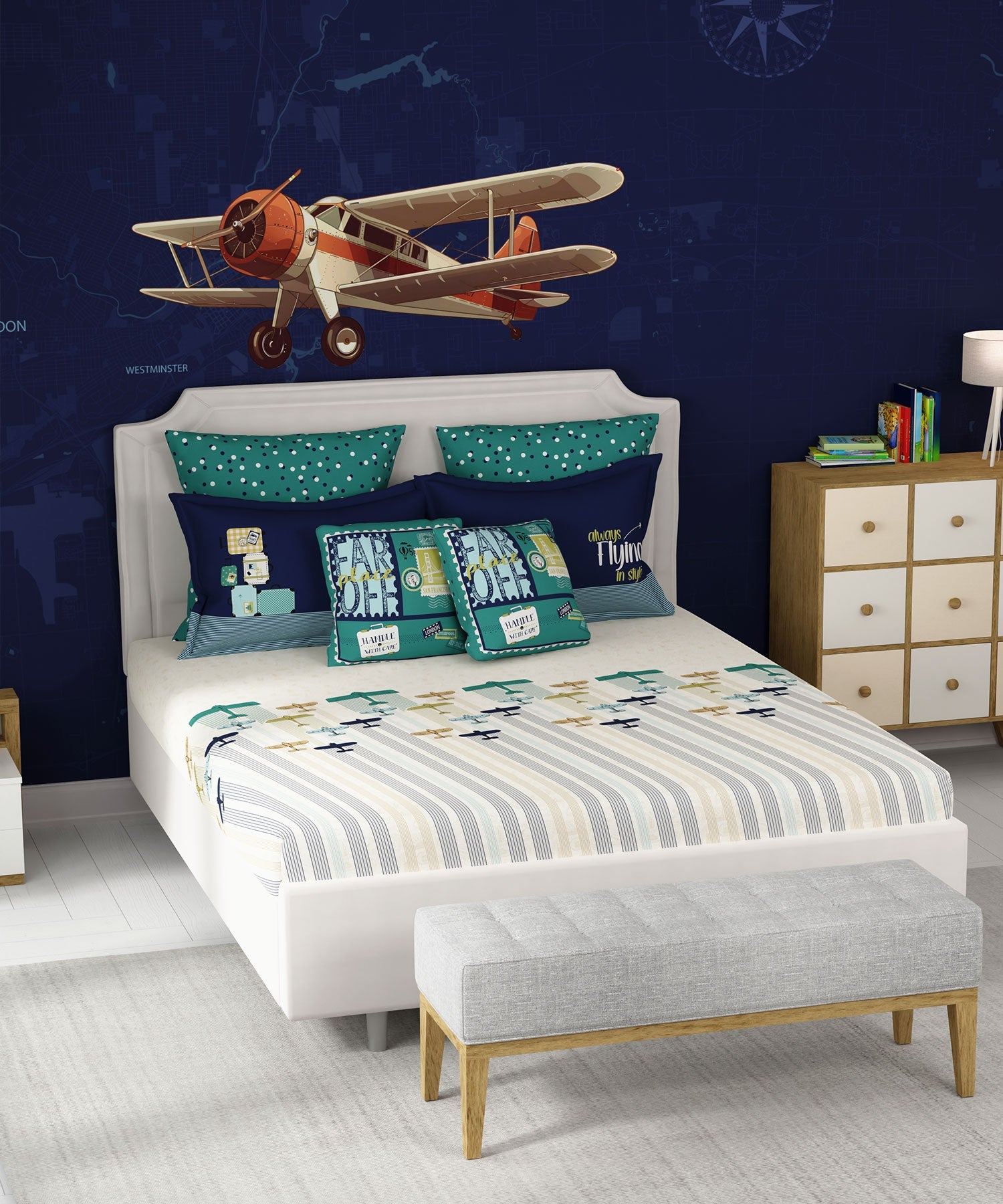 Juniors Double Bedsheet, Passport| 144TC Cotton|2 Pillow Covers & 2 Cushion Covers
