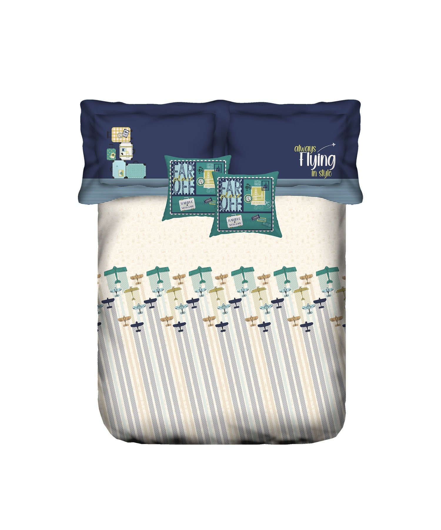 Juniors Double Bedsheet, Passport| 144TC Cotton|2 Pillow Covers & 2 Cushion Covers