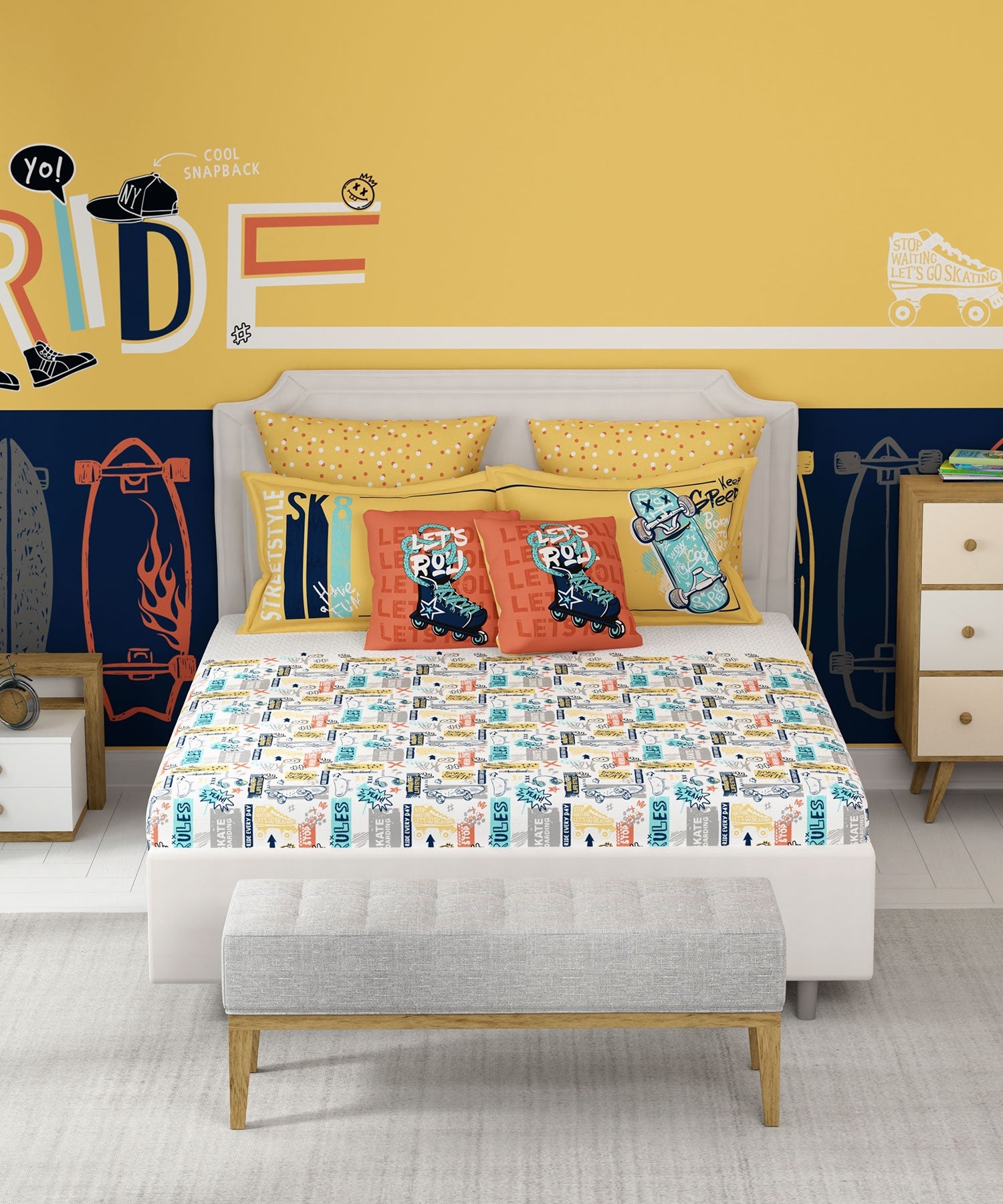 Juniors Double Bedsheet, Streetstyle Skate| 144TC Cotton|2 Pillow Covers & 2 Cushion Covers