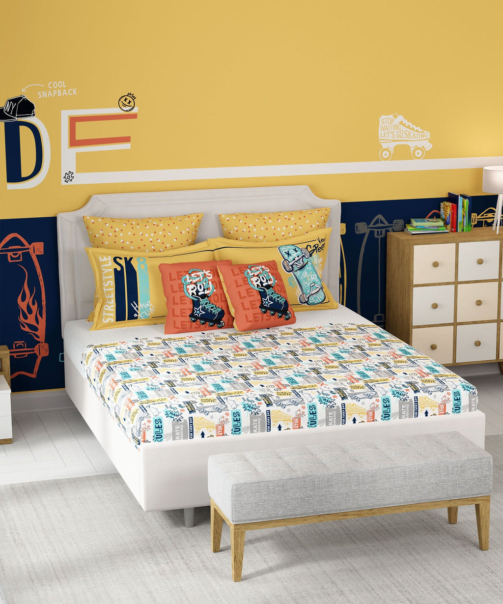 Juniors Double Bedsheet, Streetstyle Skate| 144TC Cotton|2 Pillow Covers & 2 Cushion Covers