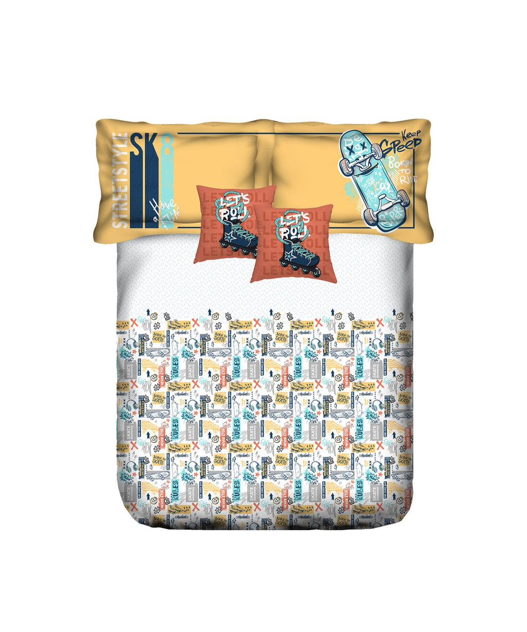 Juniors Double Bedsheet, Streetstyle Skate| 144TC Cotton|2 Pillow Covers & 2 Cushion Covers