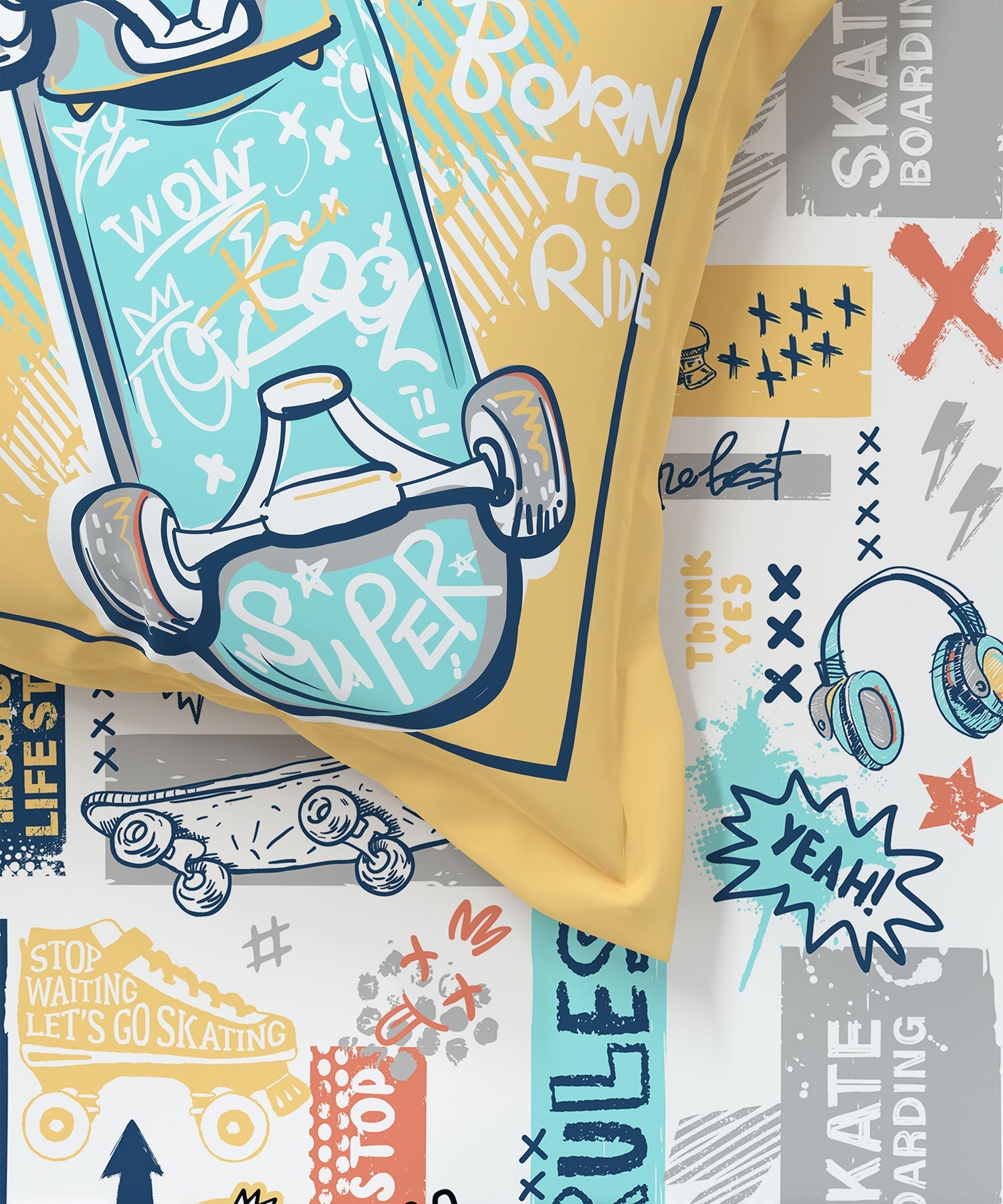 Juniors Double Bedsheet, Streetstyle Skate| 144TC Cotton|2 Pillow Covers & 2 Cushion Covers