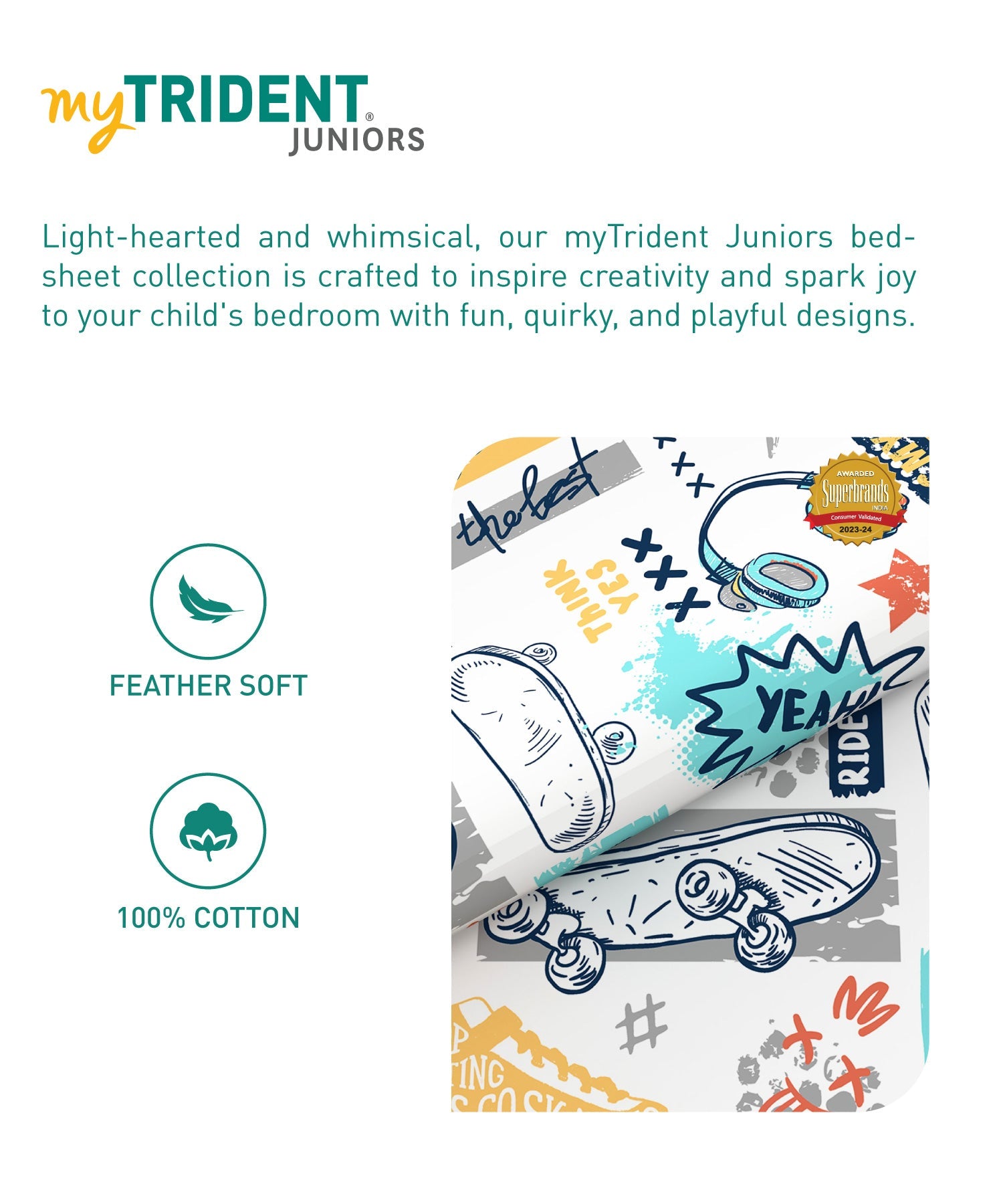 Juniors Double Bedsheet, Streetstyle Skate| 144TC Cotton|2 Pillow Covers & 2 Cushion Covers