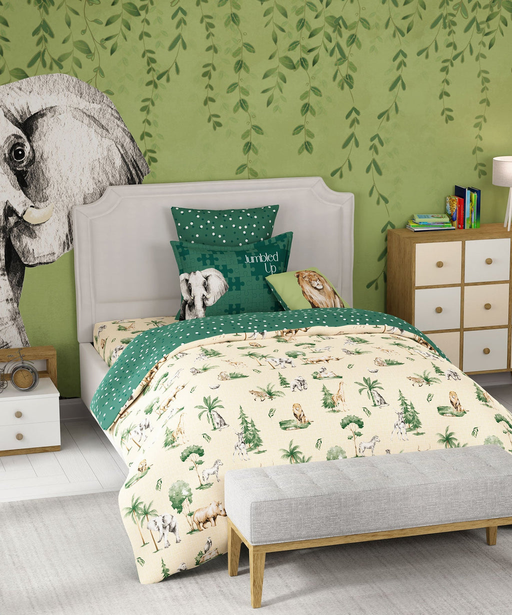 Juniors Single Bedsheet Set, Jigsaw Jungle|144 TC Cotton|1 Pillow Cover