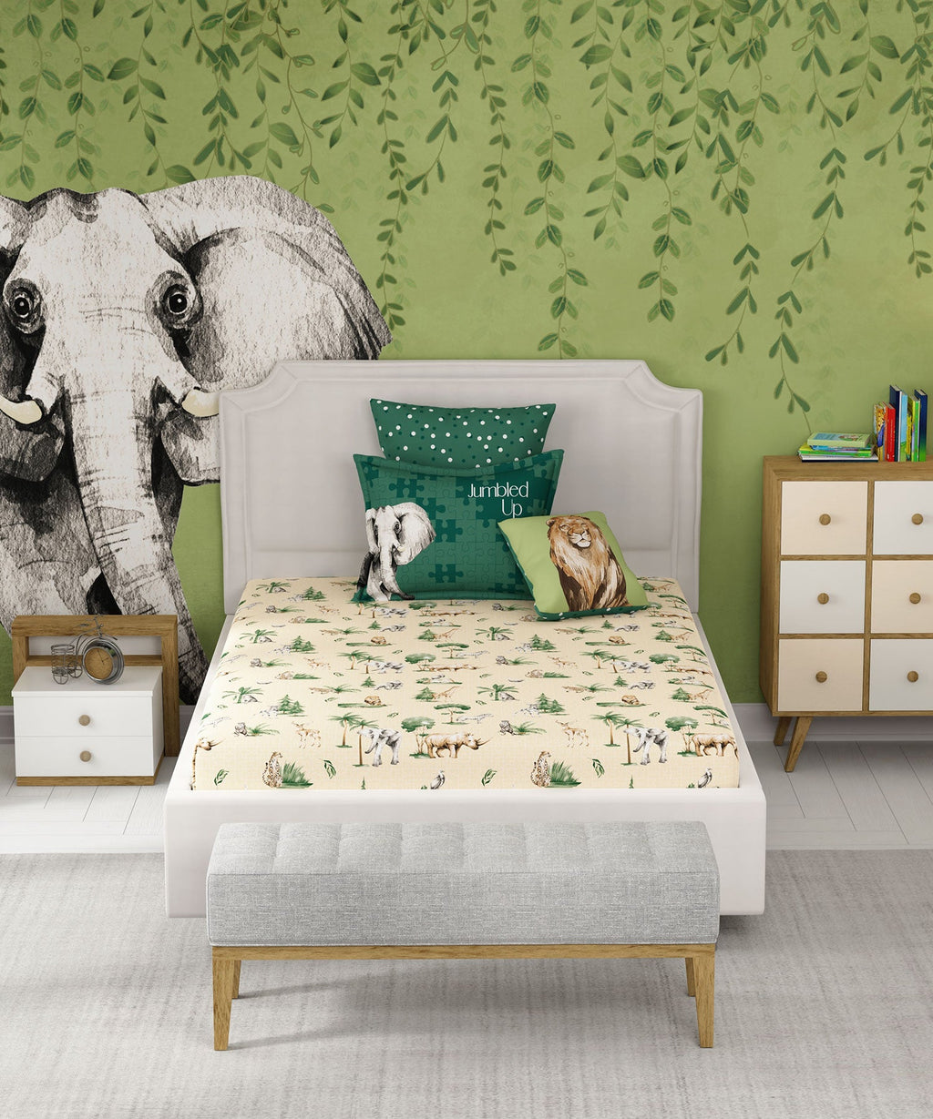 Juniors Single Bedsheet Set, Jigsaw Jungle|144 TC Cotton|1 Pillow Cover