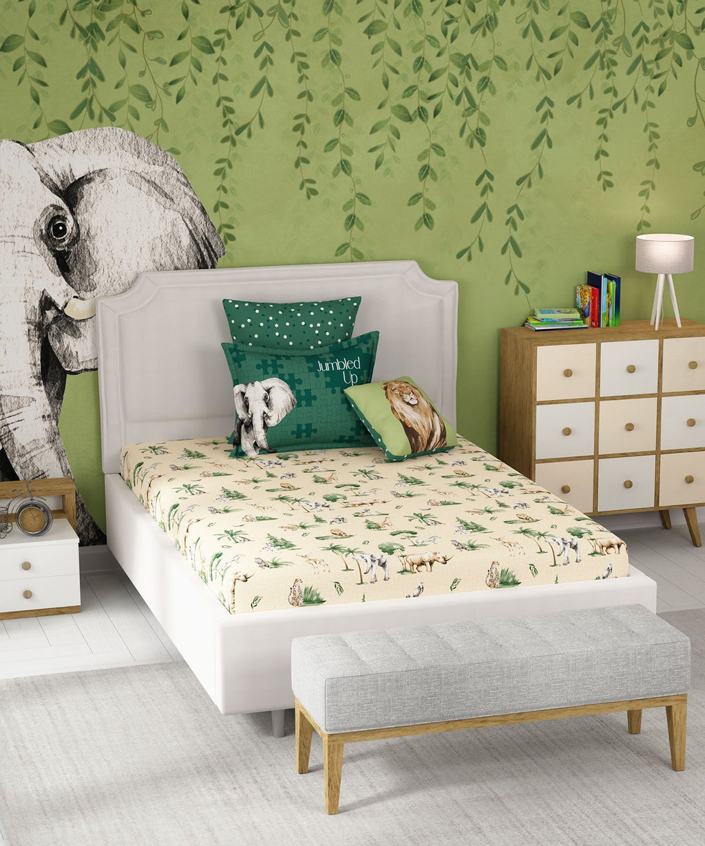 Juniors Single Bedsheet Set, Jigsaw Jungle|144 TC Cotton|1 Pillow Cover