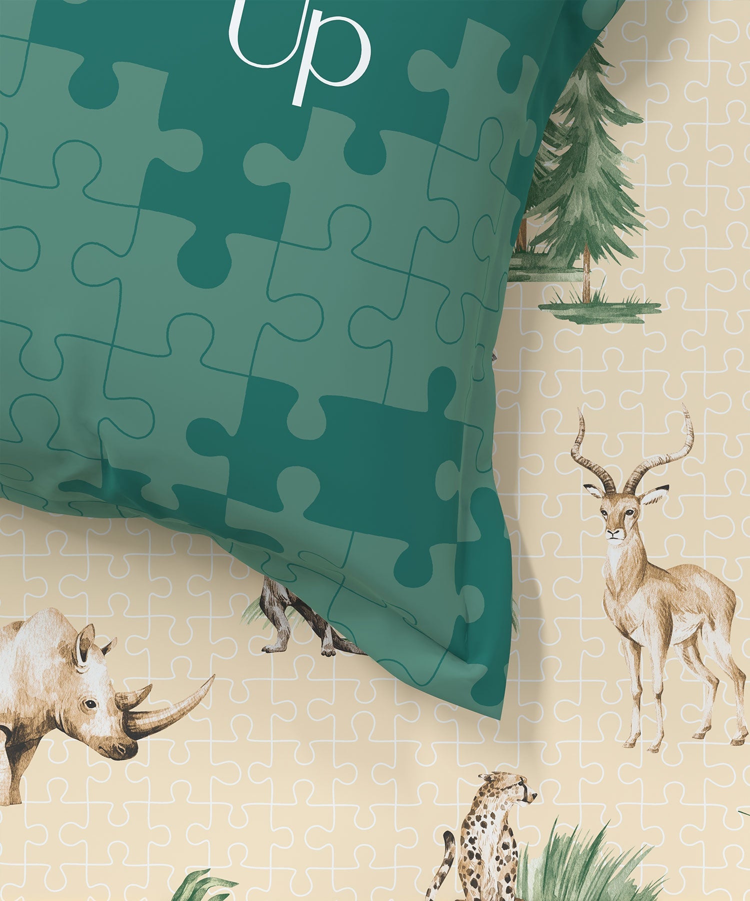 Juniors Single Bedsheet Set, Jigsaw Jungle|144 TC Cotton|1 Pillow Cover
