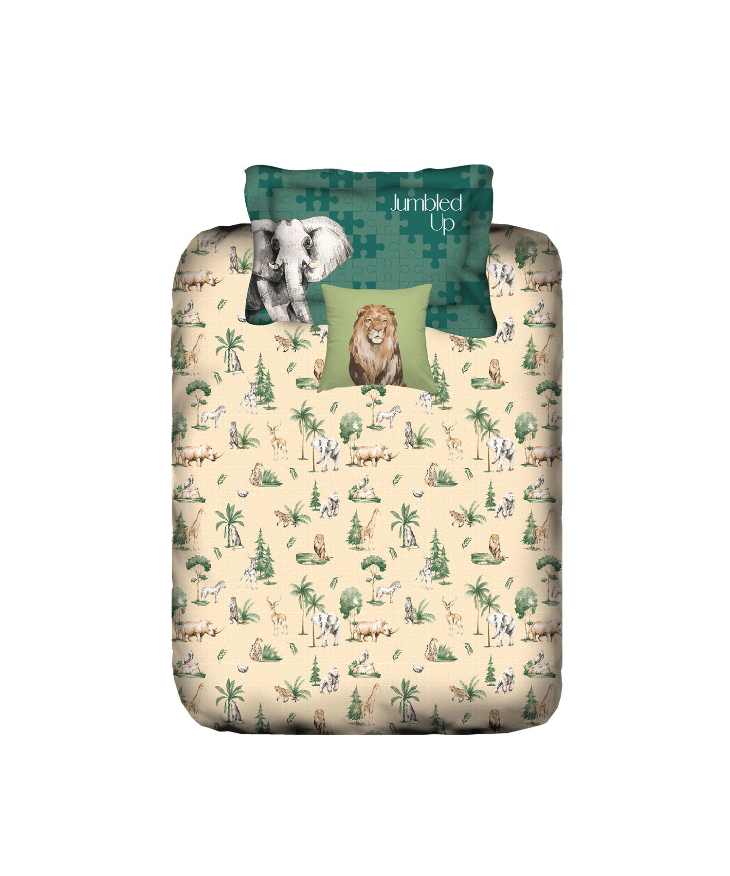 Juniors Single Bedsheet Set, Jigsaw Jungle|144 TC Cotton|1 Pillow Cover