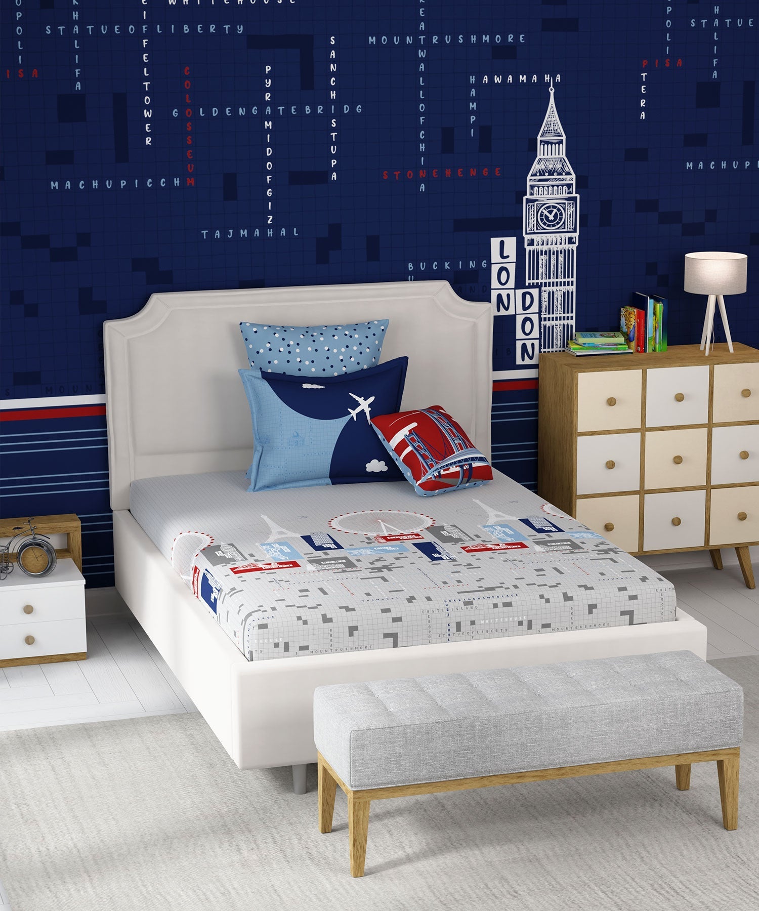 Juniors Single Bedsheet Set, Crossworld|144 TC Cotton|1 Pillow Cover