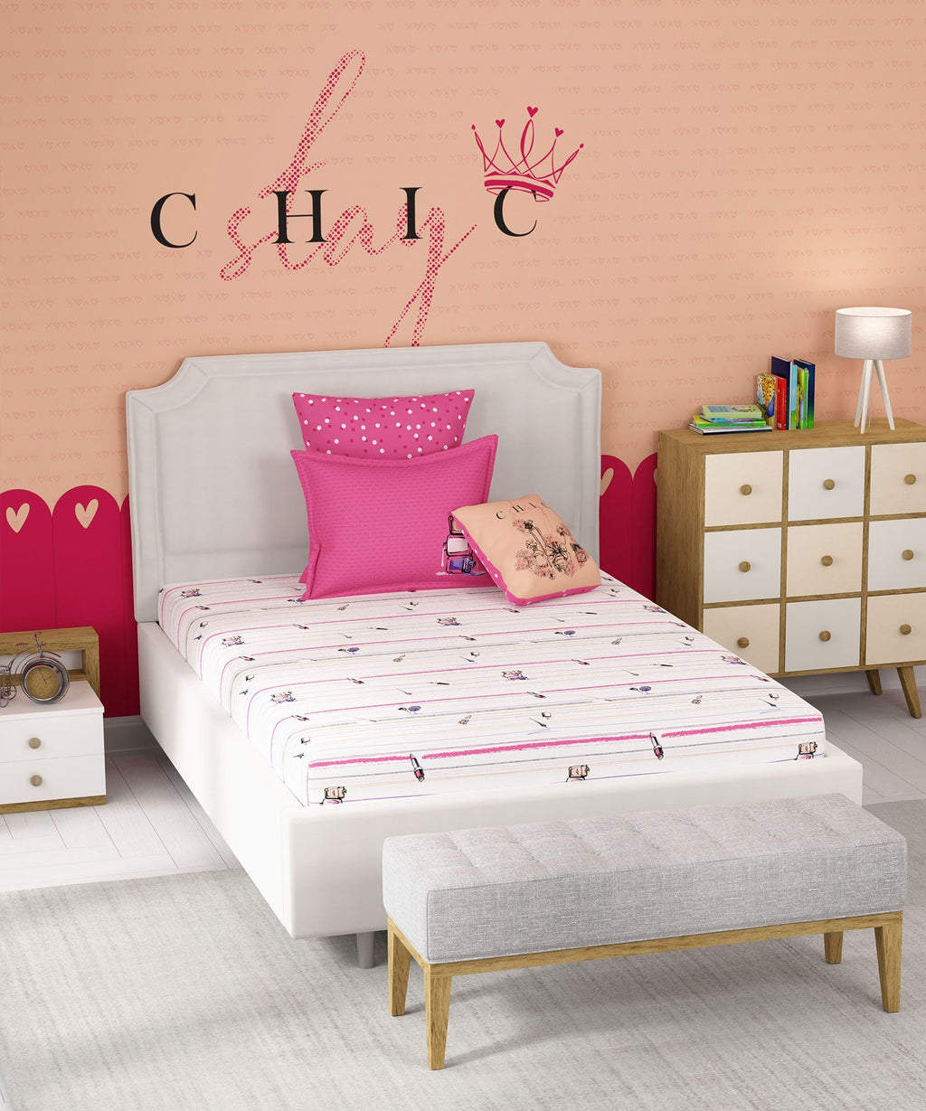 Juniors Single Bedsheet Set, Slumber Party|144 TC Cotton|1 Pillow Cover