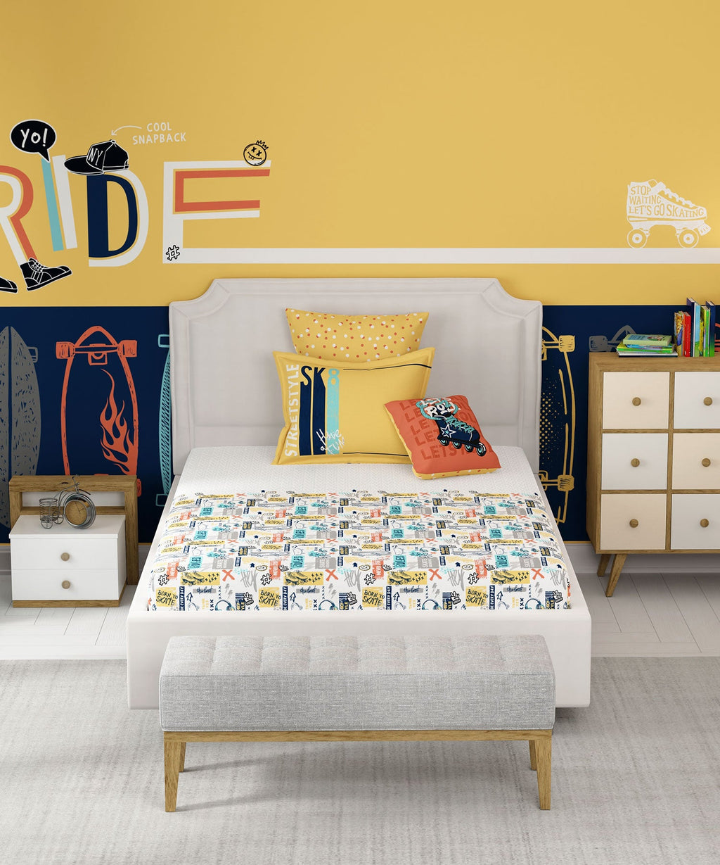 Juniors Single Bedsheet Set, Streetstyle Skate|144 TC Cotton|1 Pillow Cover