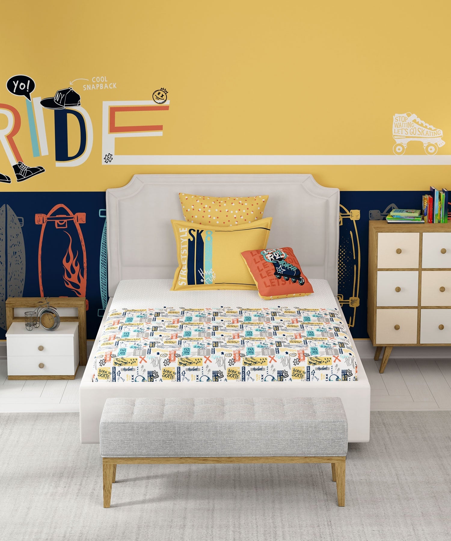 Juniors Single Bedsheet Set, Streetstyle Skate|144 TC Cotton|1 Pillow Cover