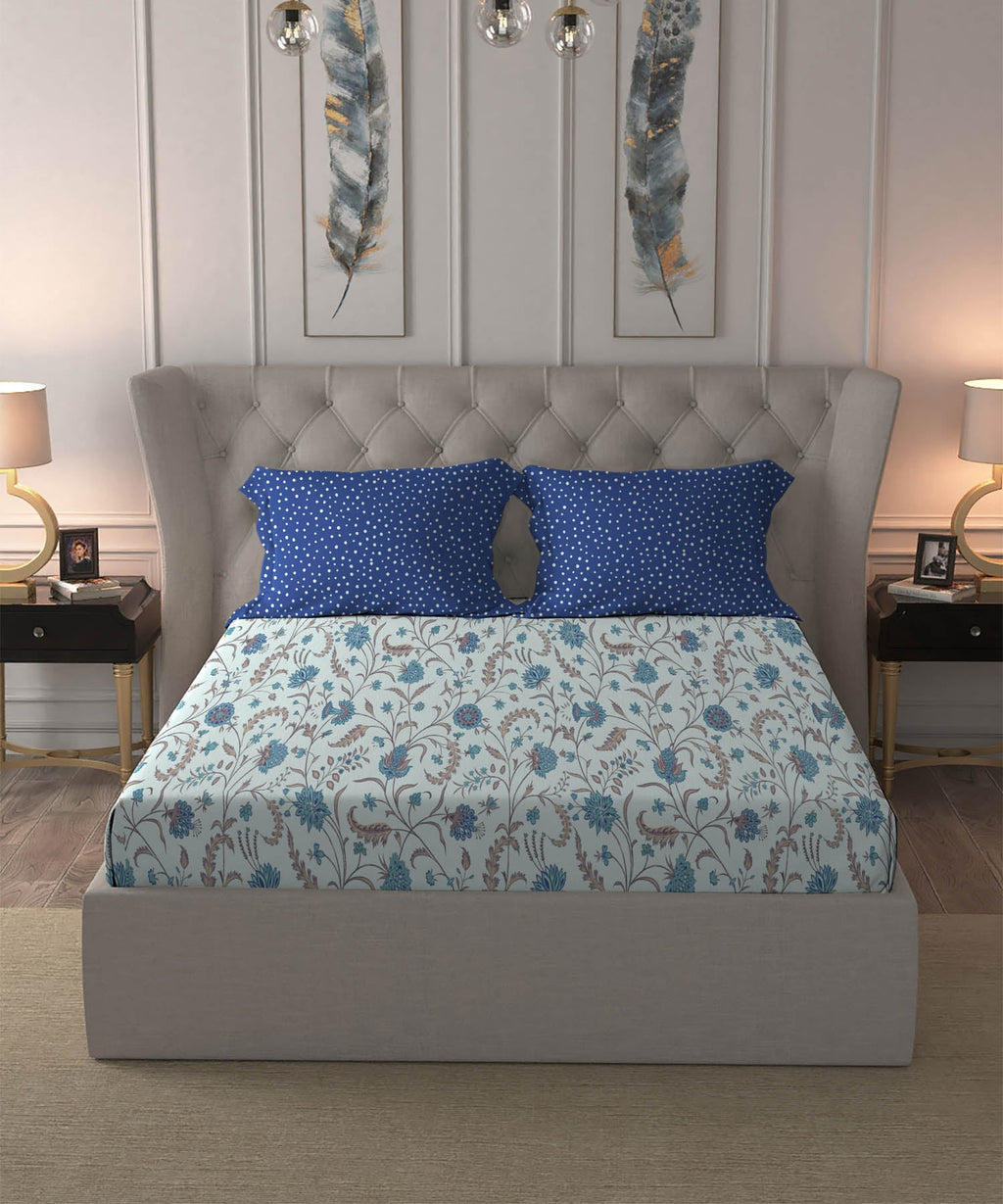 Dusk & Dawn Queen Bedsheet Set, Coromandel Blue| 144 TC Cotton|2 Pillow Covers