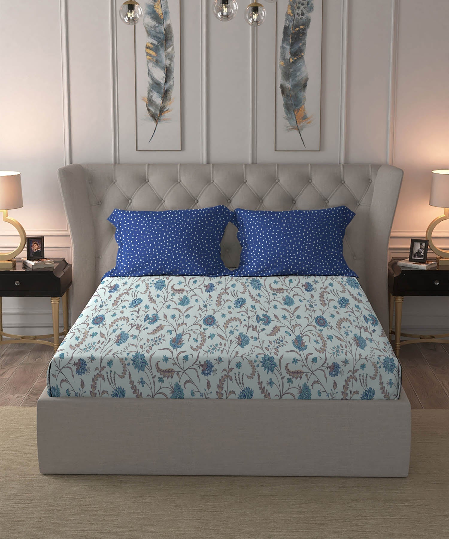 Dusk & Dawn Queen Bedsheet Set, Coromandel Blue| 144 TC Cotton|2 Pillow Covers