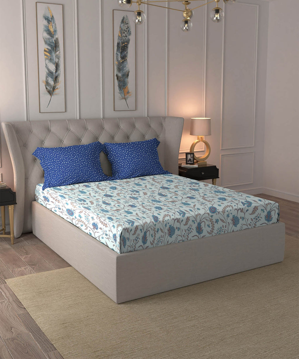 Dusk & Dawn Queen Bedsheet Set, Coromandel Blue| 144 TC Cotton|2 Pillow Covers