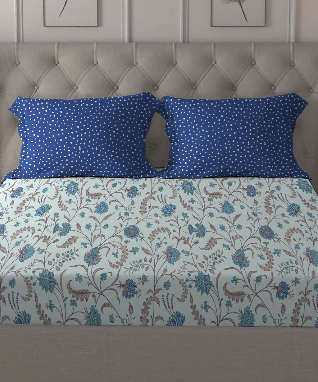 Dusk & Dawn Queen Bedsheet Set, Coromandel Blue| 144 TC Cotton|2 Pillow Covers