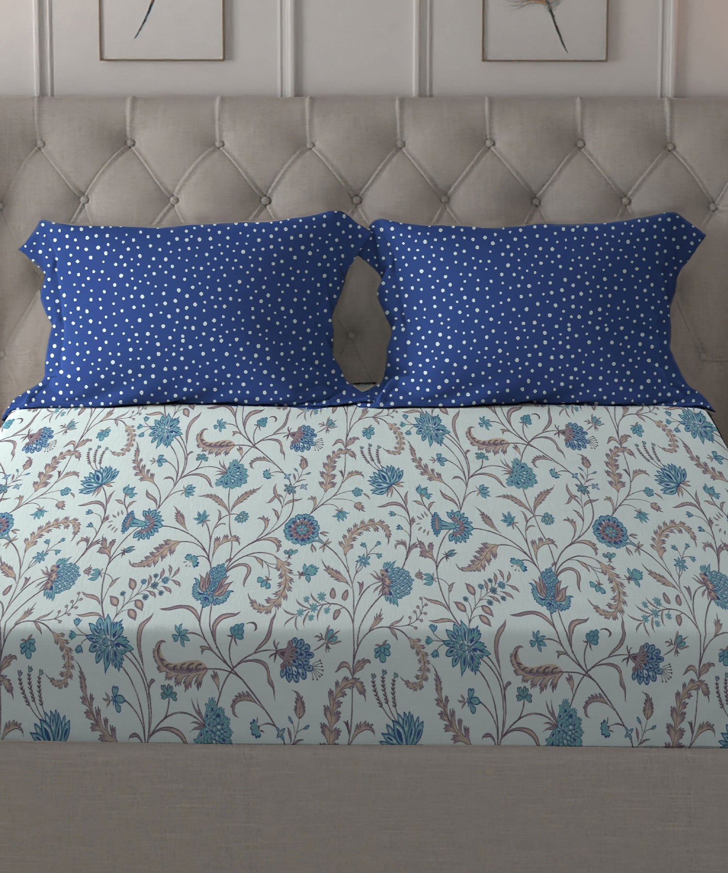Dusk & Dawn Queen Bedsheet Set, Coromandel Blue| 144 TC Cotton|2 Pillow Covers