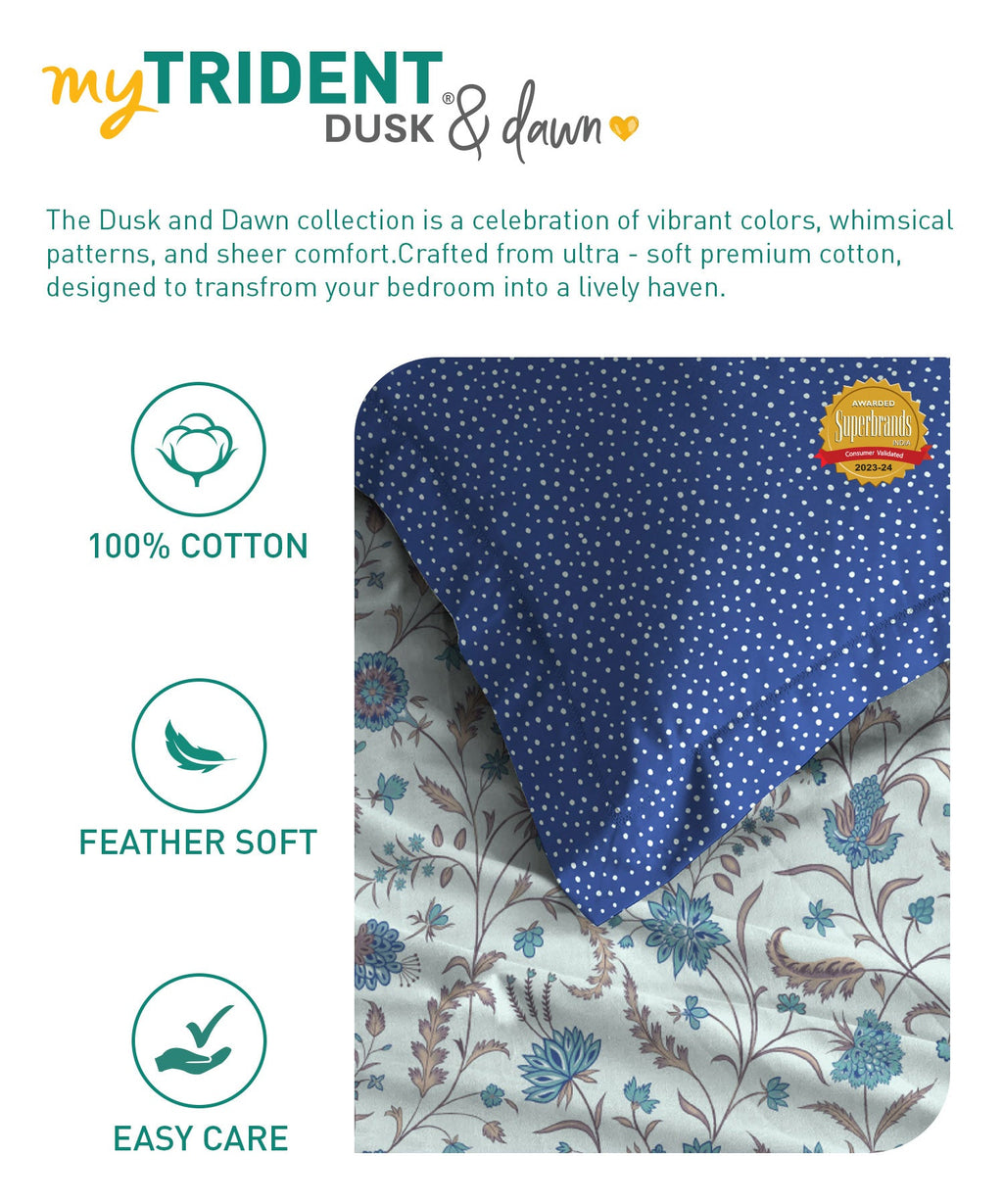 Dusk & Dawn Queen Bedsheet Set, Coromandel Blue| 144 TC Cotton|2 Pillow Covers