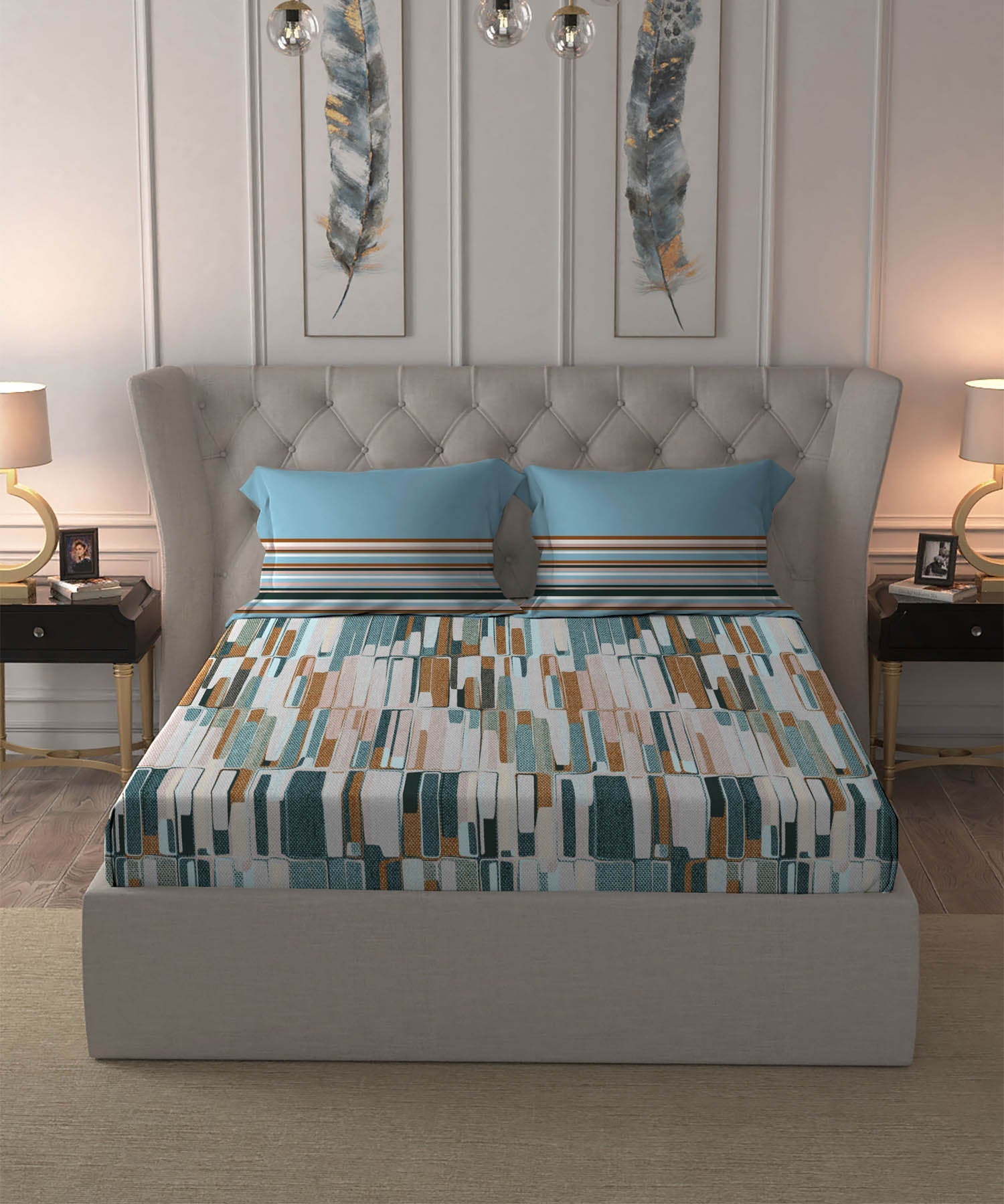 Dusk & Dawn Queen Bedsheet Set, Crossroads Blue| 144 TC Cotton|2 Pillow Covers
