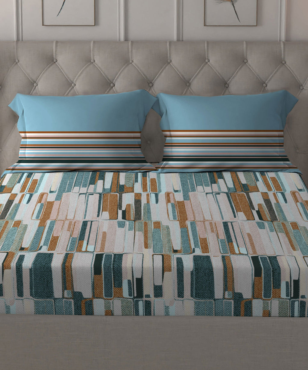 Dusk & Dawn Queen Bedsheet Set, Crossroads Blue| 144 TC Cotton|2 Pillow Covers