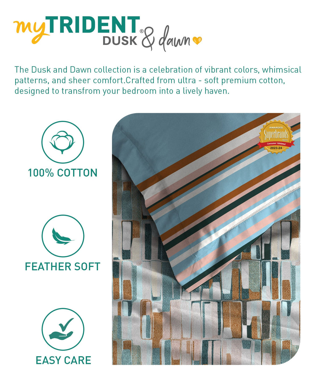 Dusk & Dawn Queen Bedsheet Set, Crossroads Blue| 144 TC Cotton|2 Pillow Covers
