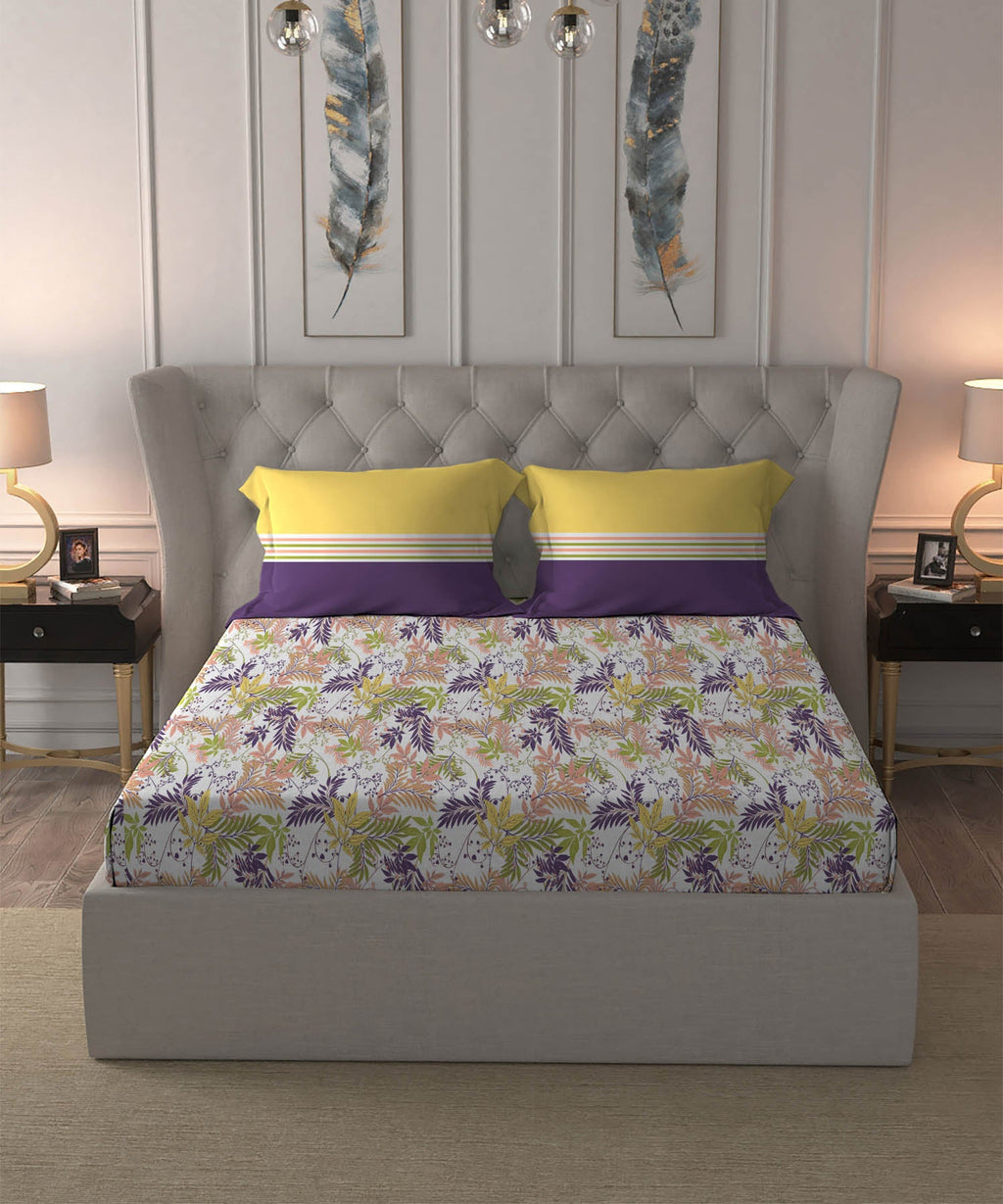 Dusk & Dawn Queen Bedsheet Set, Firefly Purple|144 TC Cotton|2 Pillow Covers
