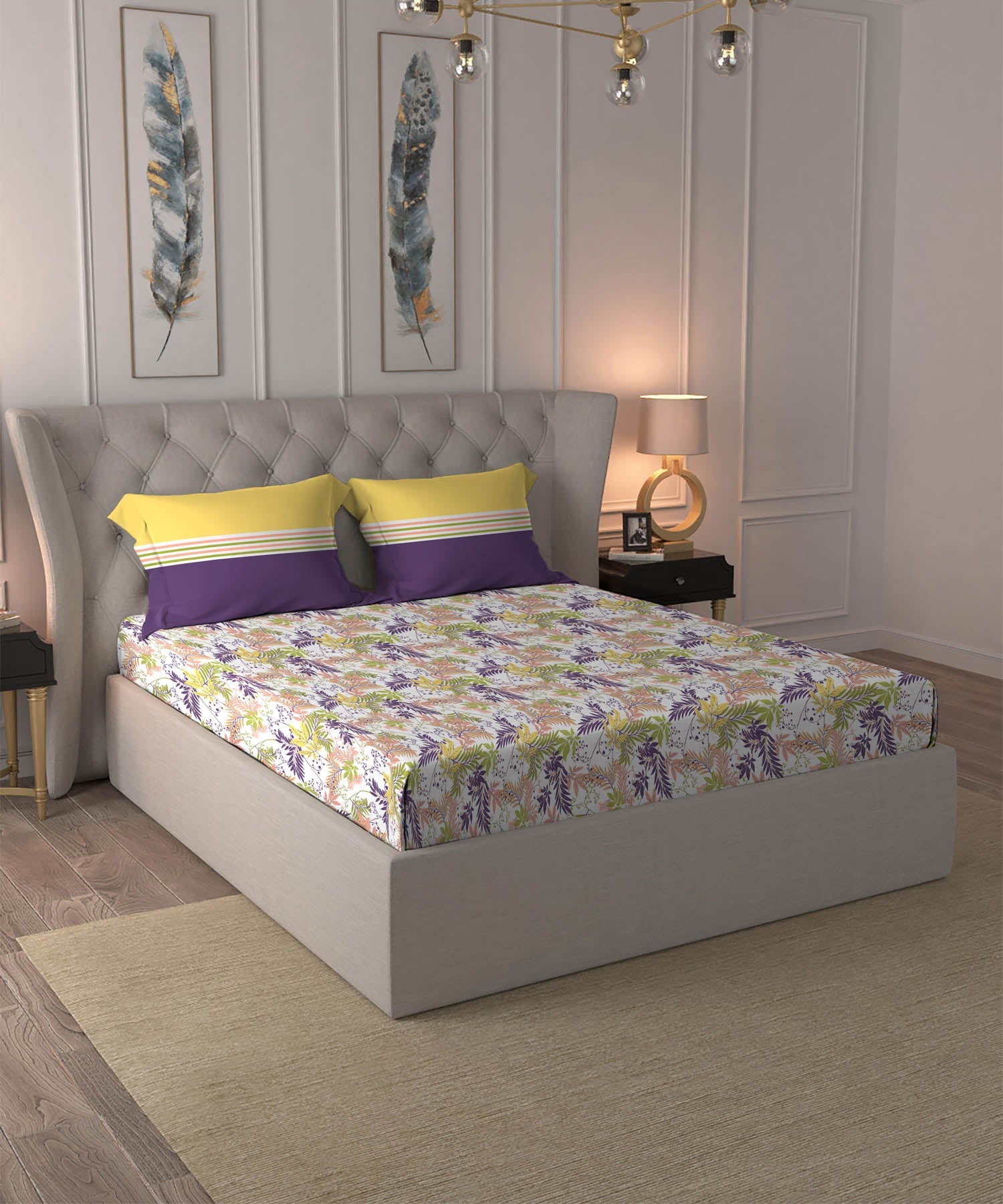 Dusk & Dawn Queen Bedsheet Set, Firefly Purple|144 TC Cotton|2 Pillow Covers