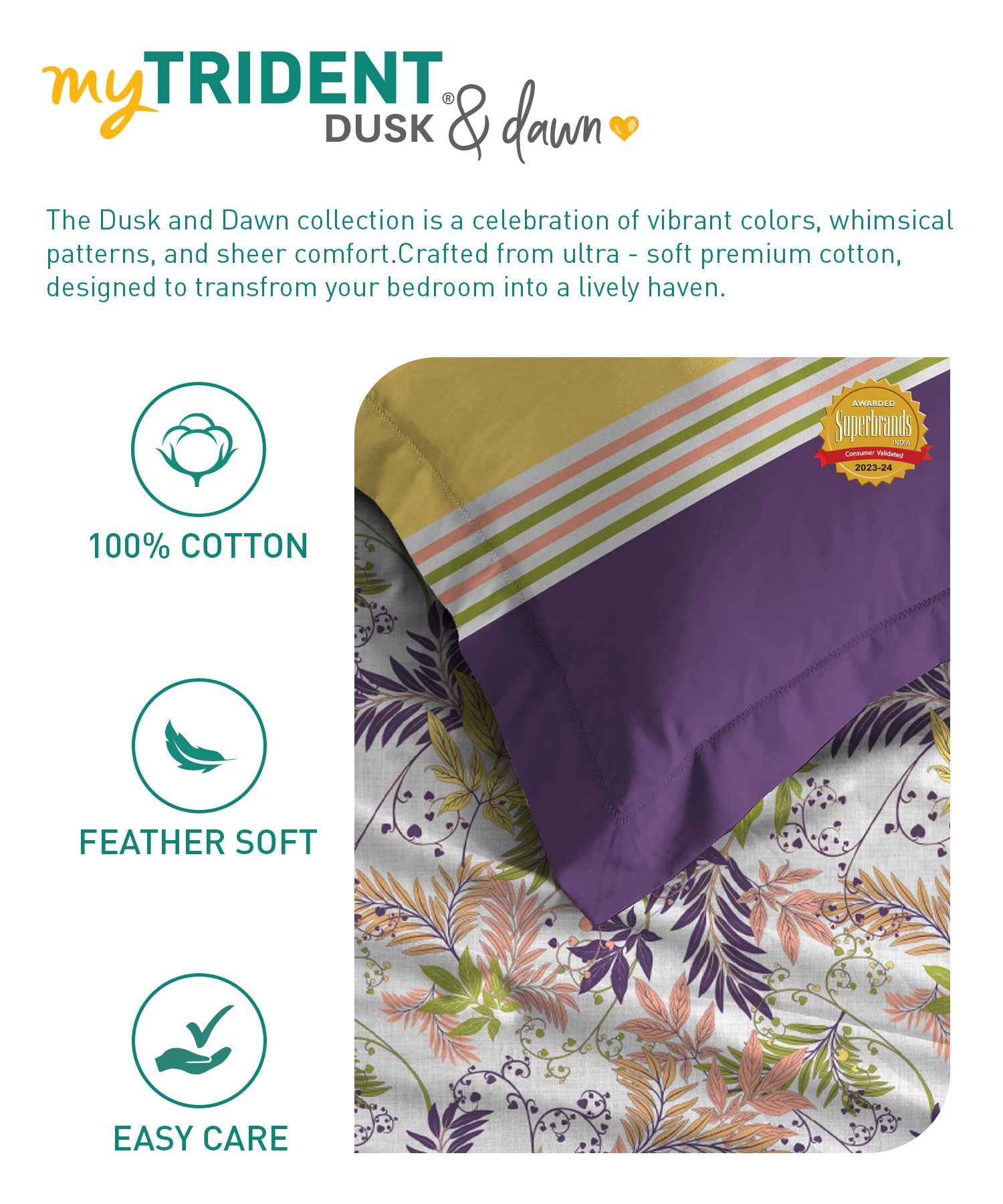 Dusk & Dawn Queen Bedsheet Set, Firefly Purple|144 TC Cotton|2 Pillow Covers