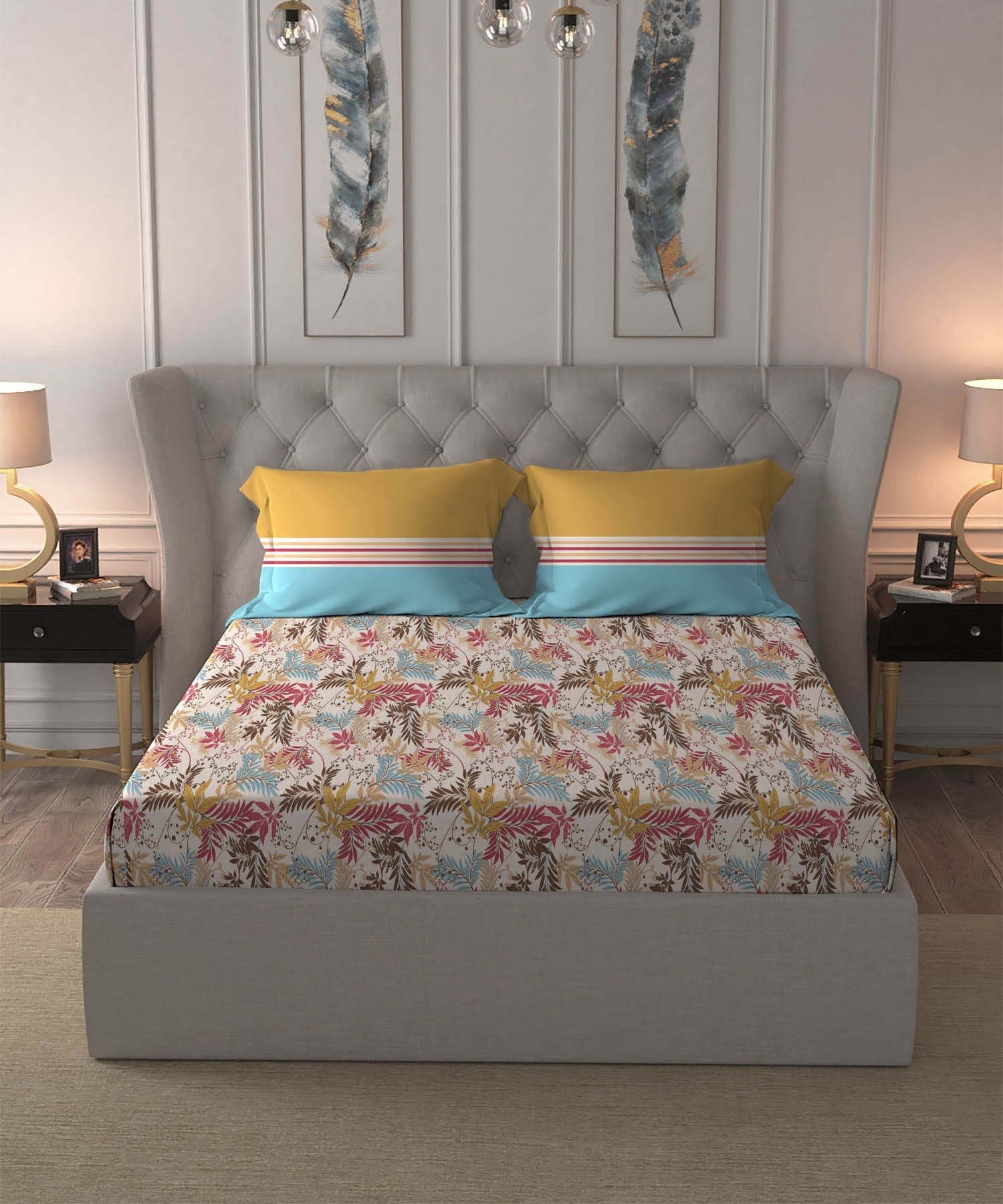 Dusk & Dawn Queen Bedsheet Set, Firefly Red|144 TC Cotton|2 Pillow Covers