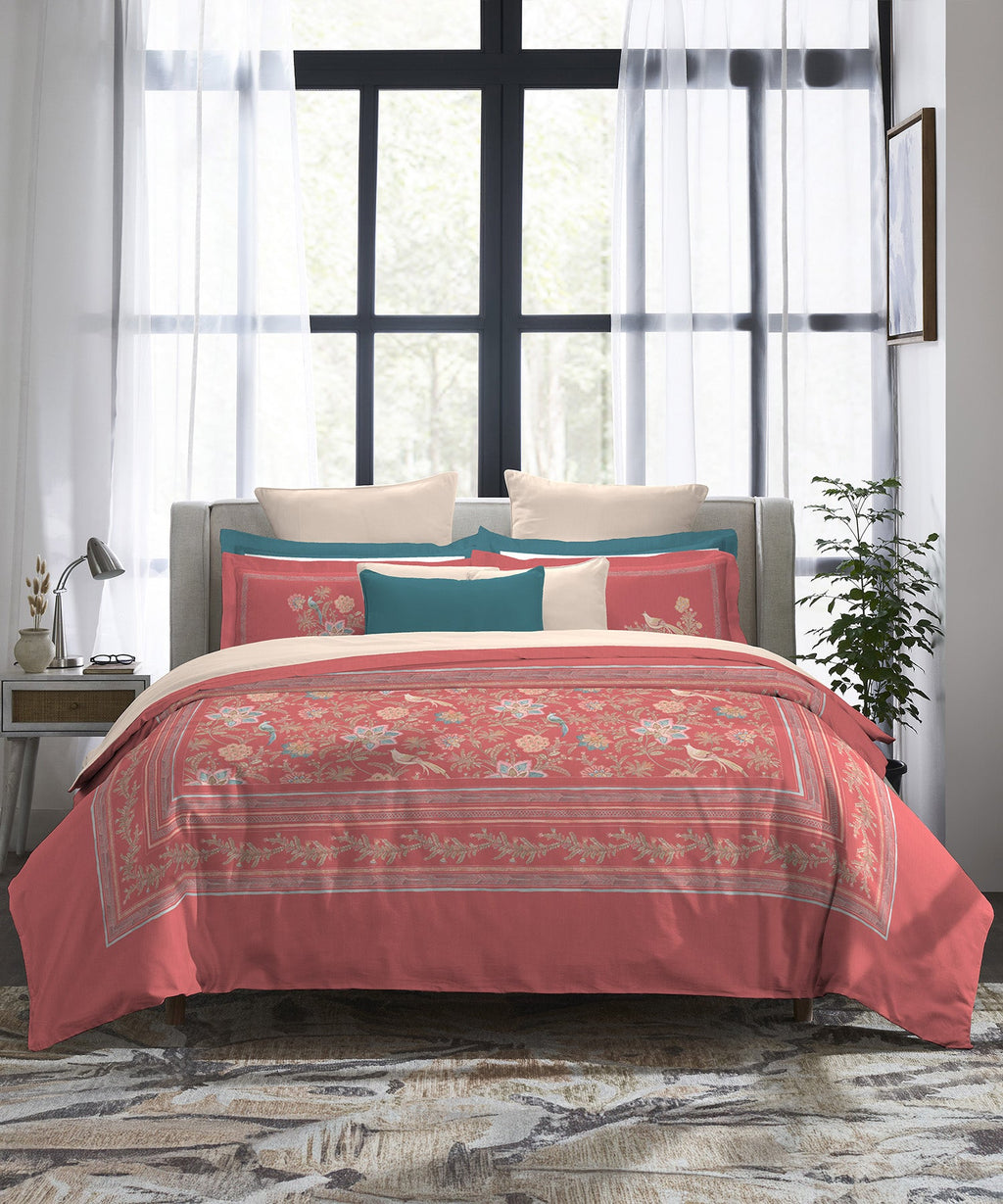 Indulgence Painterly Pattern King Bedsheet Set, Valencia|300 TC Cotton| 4 Pillow Covers