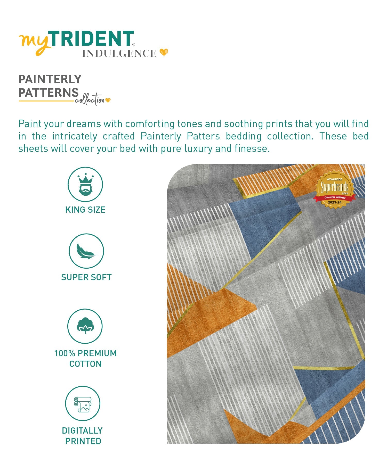 Indulgence Painterly Pattern King Bedsheet Set, Geo-Classical|300 TC Cotton| 4 Pillow Covers