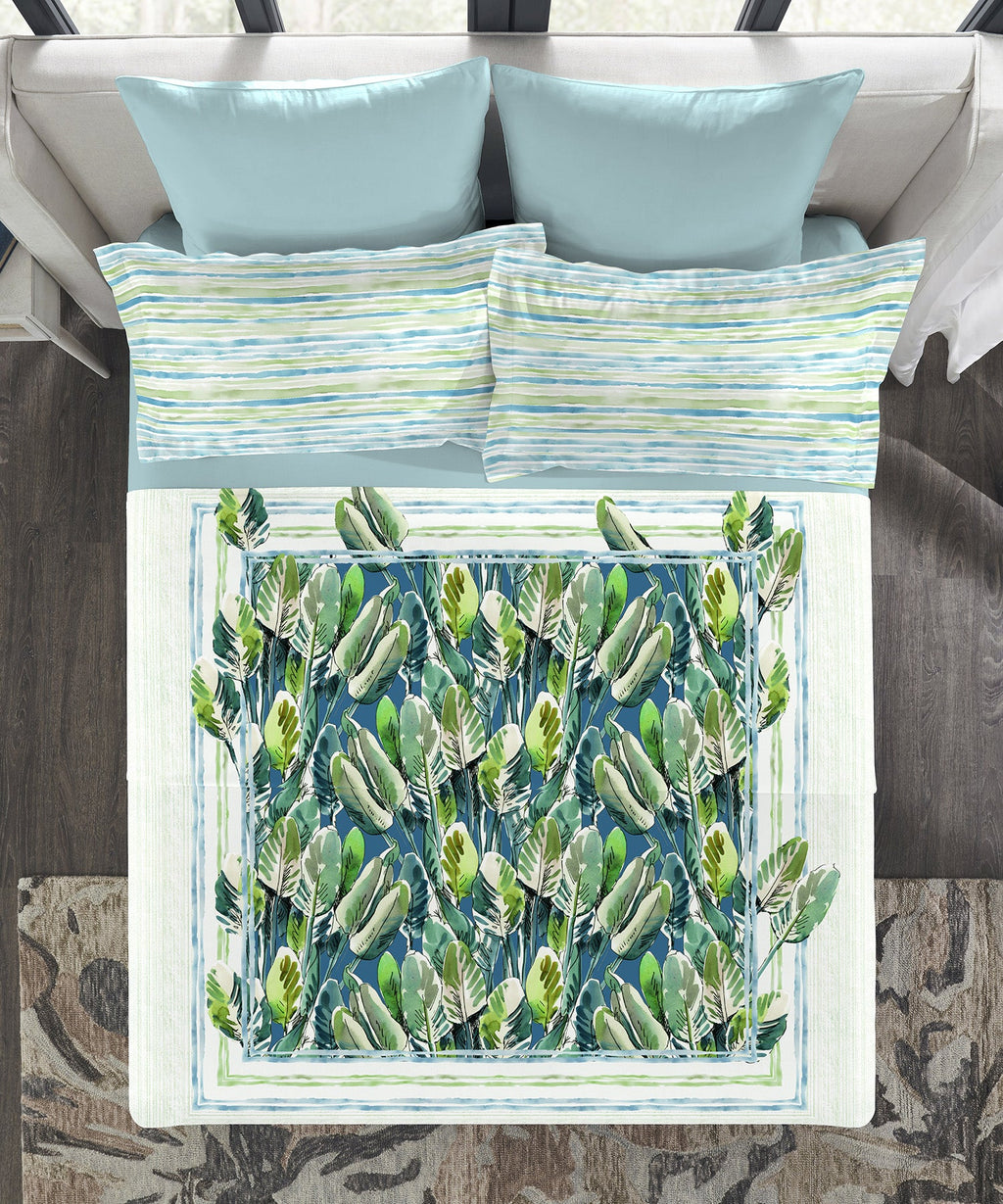 Indulgence Painterly Pattern King Bedsheet Set, Palm|300 TC Cotton| 4 Pillow Covers
