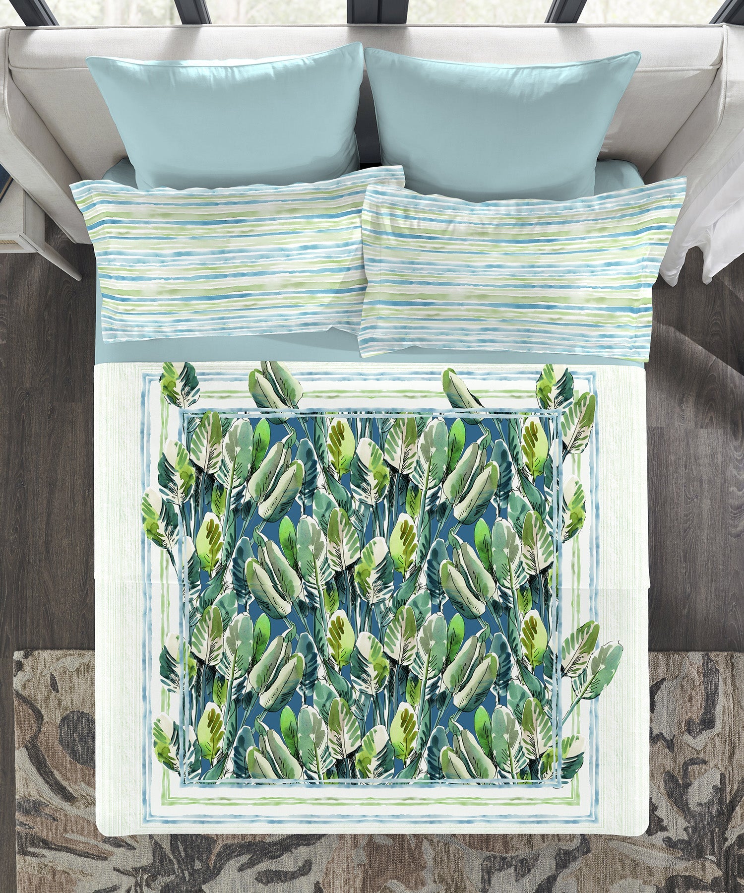 Indulgence Painterly Pattern King Bedsheet Set, Palm|300 TC Cotton| 4 Pillow Covers