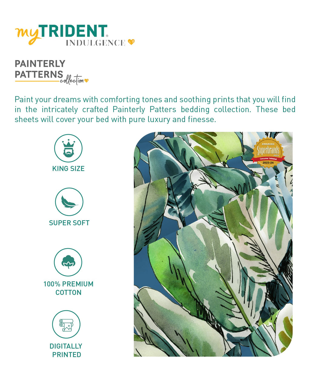 Indulgence Painterly Pattern King Bedsheet Set, Palm|300 TC Cotton| 4 Pillow Covers