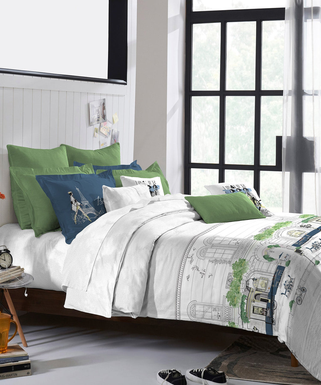 His & Her King Bedsheet Set, Bonjour Paris|144 TC Cotton| 2 Pillow Cover & 2 Cushion Covers