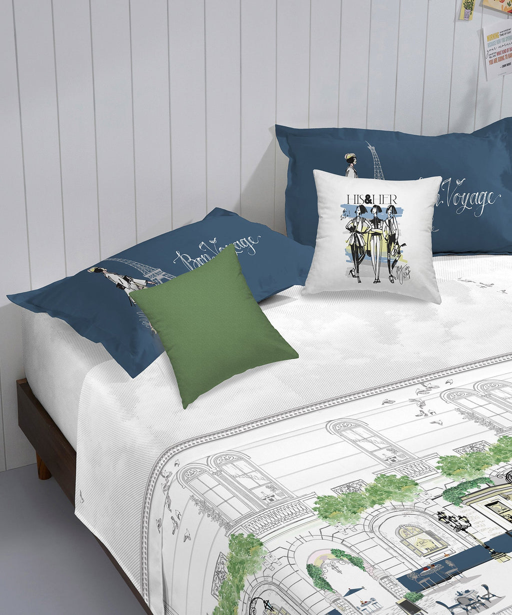 His & Her King Bedsheet Set, Bonjour Paris|144 TC Cotton| 2 Pillow Cover & 2 Cushion Covers
