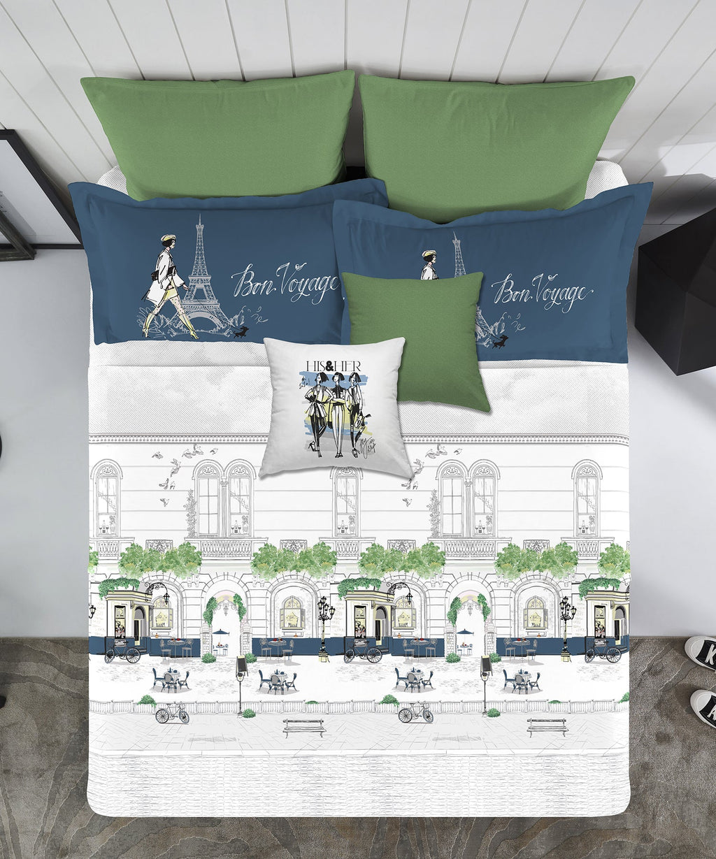 His & Her King Bedsheet Set, Bonjour Paris|144 TC Cotton| 2 Pillow Cover & 2 Cushion Covers