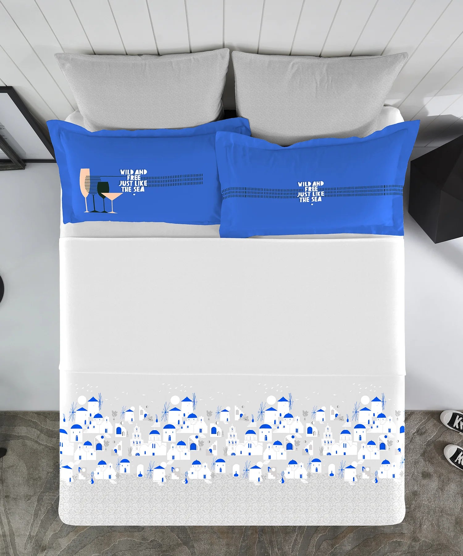 His & Her King Bedsheet Set, Soiree@Sea|144 TC Cotton| 2 Pillow Cover & 2 Cushion Covers