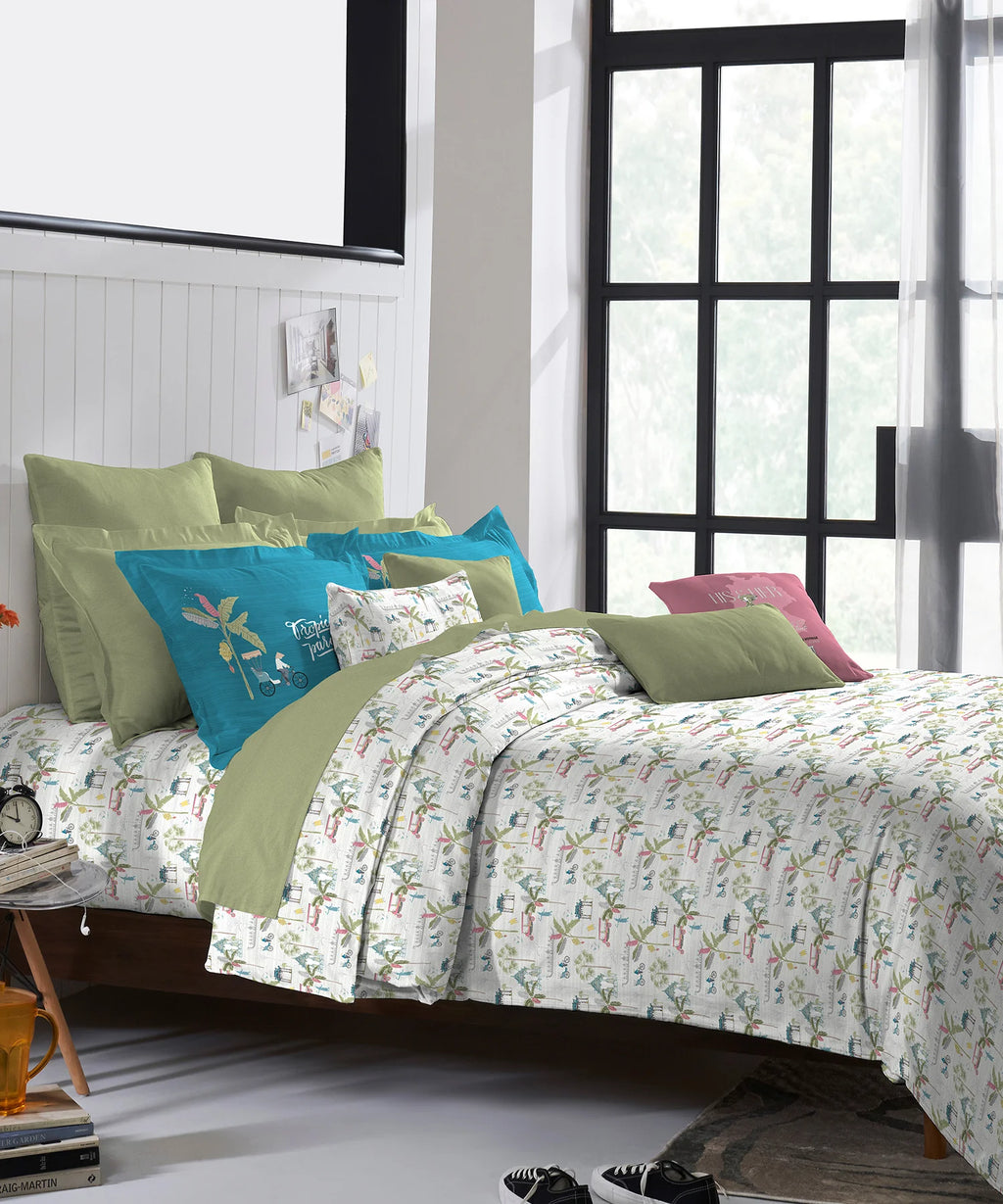 His & Her King Bedsheet Set, Ko Samui|144 TC Cotton| 2 Pillow Cover & 2 Cushion Covers