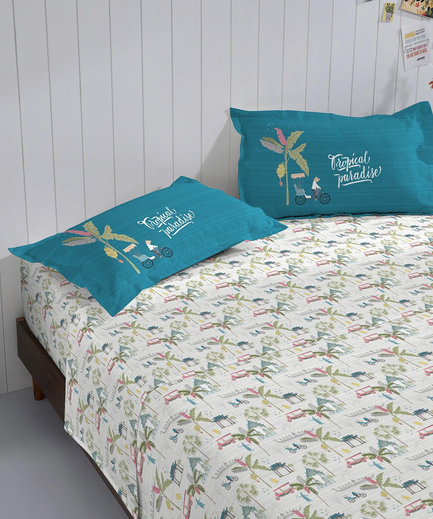 His & Her King Bedsheet Set, Ko Samui|144 TC Cotton| 2 Pillow Cover & 2 Cushion Covers