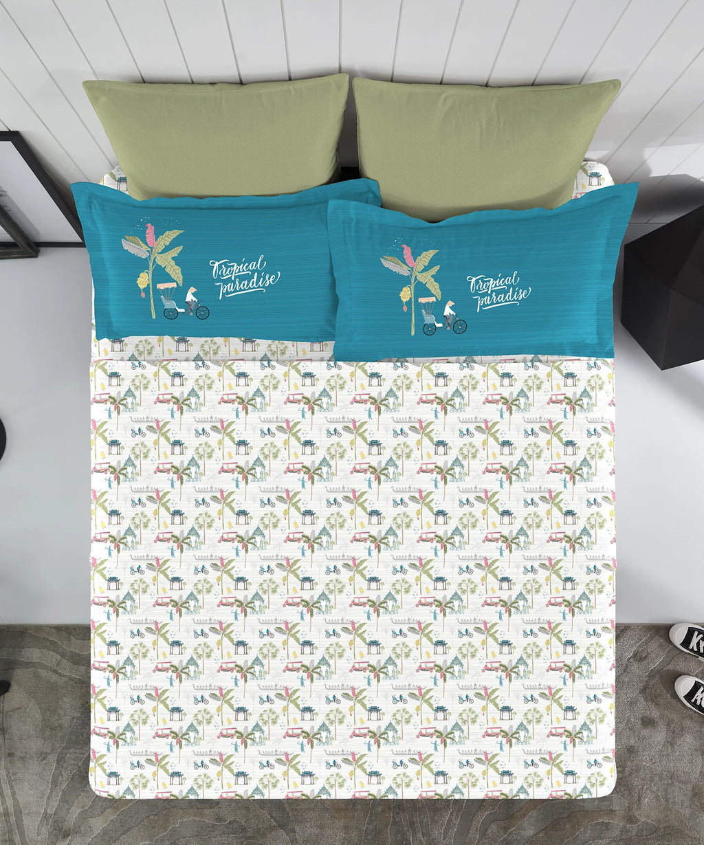 His & Her King Bedsheet Set, Ko Samui|144 TC Cotton| 2 Pillow Cover & 2 Cushion Covers